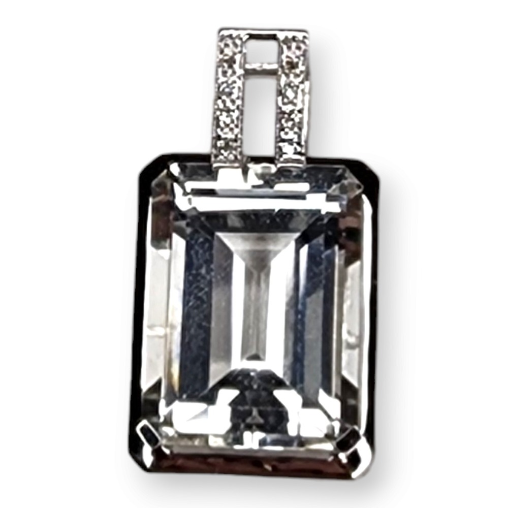 Huge Elegant 14KT White Gold Clear Faceted Topaz with Diamond Accents Pendant